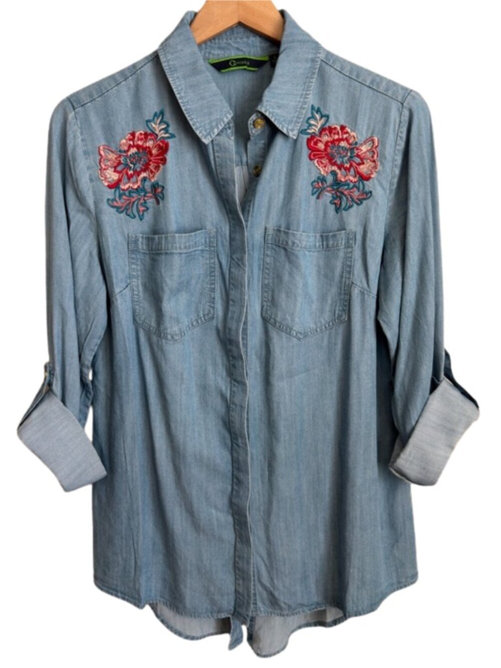 Floral Embroidered Chambray Shirt Size 6 Blue C Wonder Roll Tab Boho Western Top - Picture 1 of 16